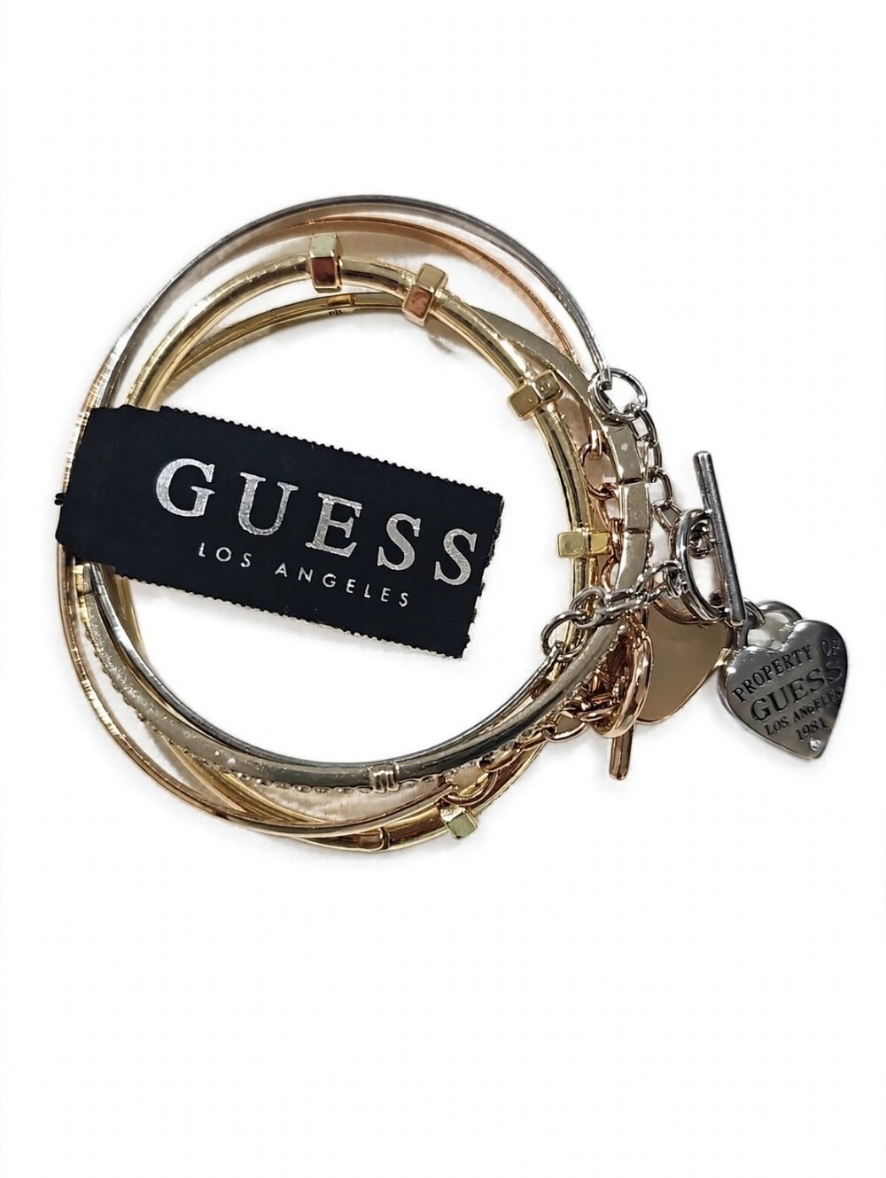 GUESS Bangle Bracelet Set 4 Tri-Tone Gold Rose Silver Heart Logo Pave NWT